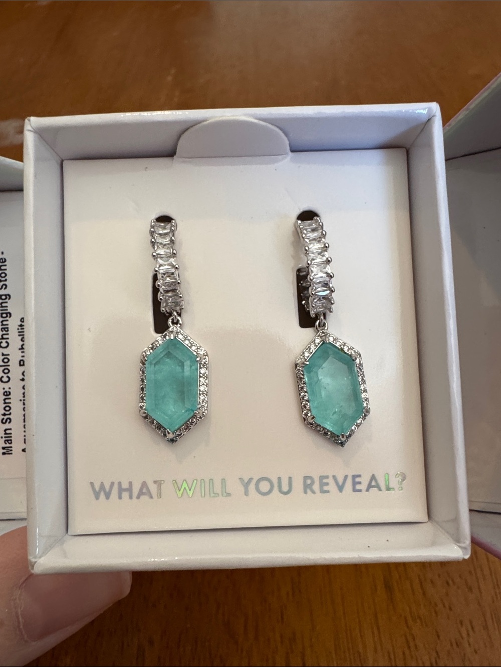 Sterling-Tone Teal Hexagon Drop Earrings with Crystal Accents